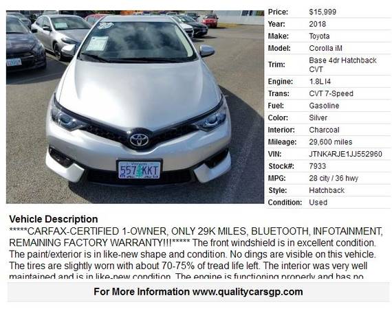 2018 Toyota Corolla iM Hatch *CRFX 1-OWNR, 29K MI, LIKE NEW* Loaded!!! for sale in Grants Pass, OR – photo 2