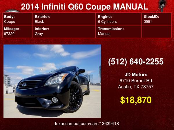 2014 INFINITI Q60 Coupe *Rare 6 Speed Manual G37 S * new g37s 370z -... for sale in Austin, TX – photo 24